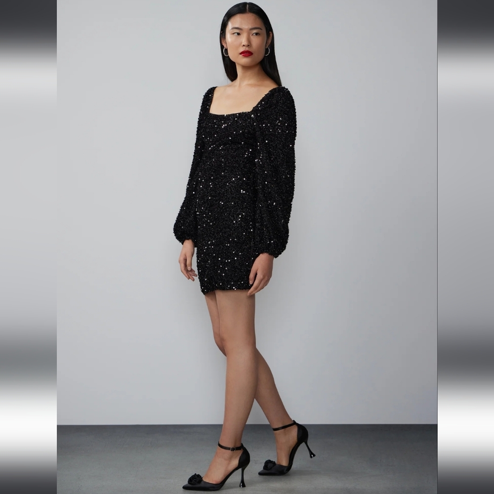 Square Neck Sequin Tinsel Shift Dress - Picture 2 of 7